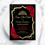 Quinceanera - Black Red Gold Spara Datumet<br><div class="desc">Gold black red Quinceanera celebration save the date. Features script font,  red roses,  tiara and confetti. Classy design with faux glitter gold. Perfect for an elegant glam celebration. Personalize with your own details. Printed Zazzle cards or instant download digital printable template.</div>