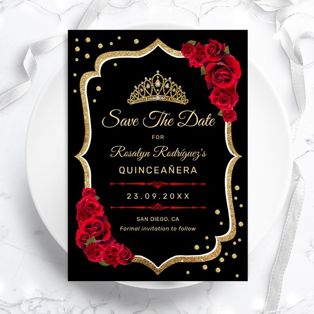 Quinceanera - Black Red Gold Spara Datumet (Skapare uppladdad)