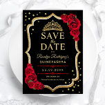 Quinceanera Black Red Gold Spara Datumet<br><div class="desc">Black red gold Quinceanera celebration save the date card. Features,  script font,  roses and tiara. Perfect for an elegant princess style glam celebration. Personalize with your own details. Printed Zazzle cards or instant download digital printable template.</div>