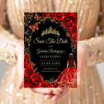 Quinceanera Black Red Gold Spara Datumet<br><div class="desc">Black red and gold Quinceanera celebration Save The Date card. Features brunette girl in ball gown dress,  script font,  gold butterflies,  watercolor roses and tiara. Perfect for an elegant princess style glam celebration. Personalize with your own details. Printed Zazzle cards or instant download digital printable template.</div>