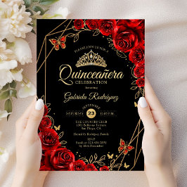 Quinceanera Black Red Guld Blommigt Inbjudningar