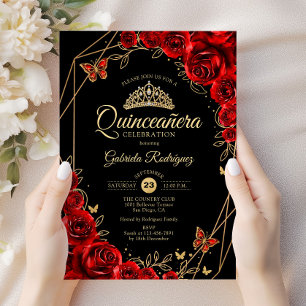 Quinceanera Black Red Guld Blommigt Inbjudningar