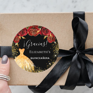 Quinceanera Black Red guld dress Gracias Runt Klistermärke
