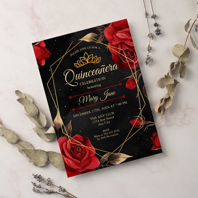 Quinceanera Black Red Guld-inbjudan Inbjudningar (Skapare uppladdad)