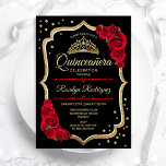 Quinceanera - Black Red Guld Inbjudningar<br><div class="desc">Svartvit Quinceanera firande inbjudan till guld. Har skriptteckensnitt,  röd ros,  tiara och konetti. Klassdesign med faux glitter guld. Perfekt för en elegant glam firande.</div>