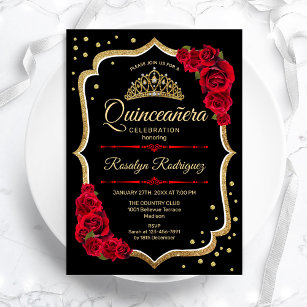Quinceanera - Black Red Guld Inbjudningar