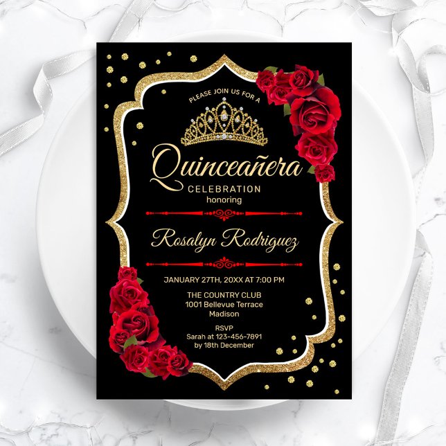 Quinceanera - Black Red Guld Inbjudningar (Skapare uppladdad)