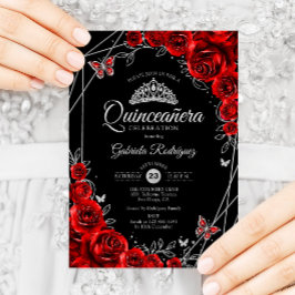 Quinceanera Black Red Silver Blommigt Inbjudningar