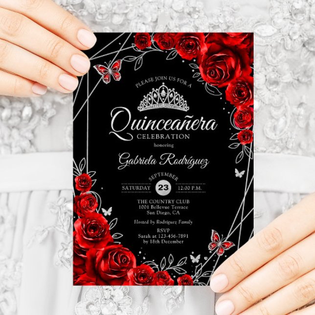Quinceanera Black Red Silver Blommigt Inbjudningar (Skapare uppladdad)