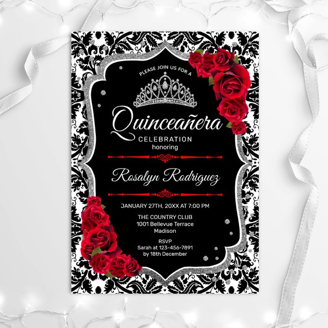 Quinceanera - Black Red Silver Inbjudningar (Skapare uppladdad)