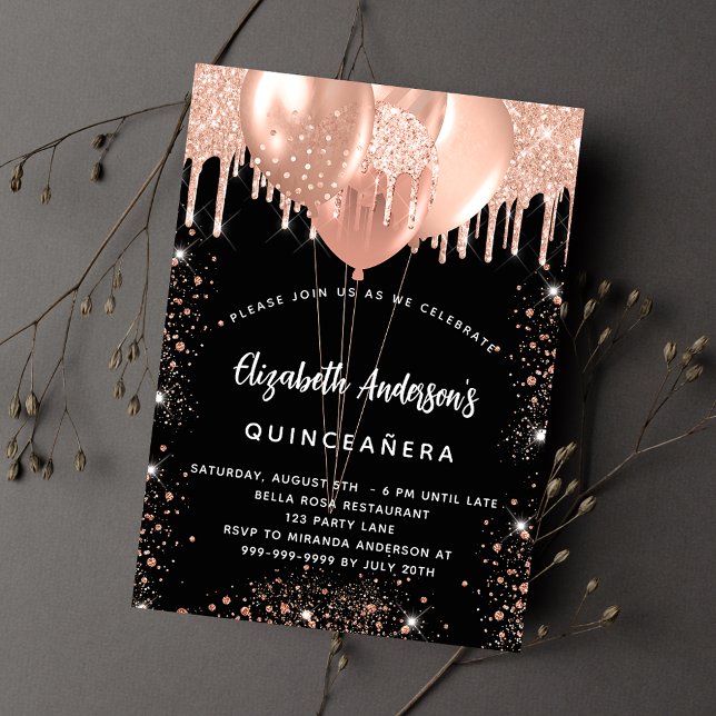 Quinceanera Black ro guld-ballonger glitter droppa Inbjudningar (Skapare uppladdad)
