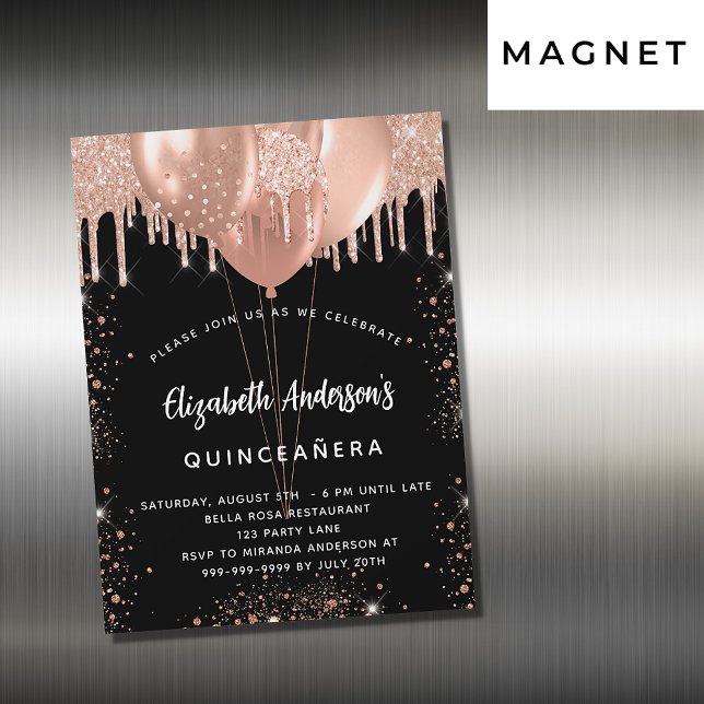 Quinceanera Black ro guld-ballonger glitter lyxur Magnetisk Inbjudningskort (Skapare uppladdad)