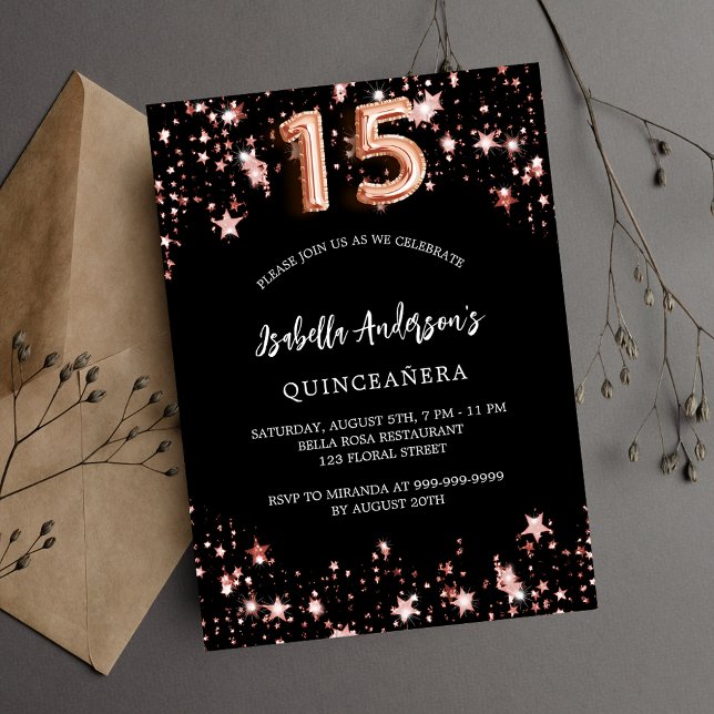 Quinceanera Black ro guld stjärnornas lyxvara Inbjudningar (Skapare uppladdad)