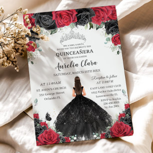 Quinceañera Black Röd ros Blommigt Princess Dress Inbjudningar