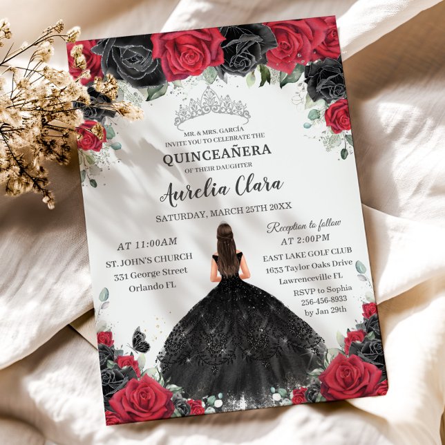 Quinceañera Black Röd ros Blommigt Princess Dress Inbjudningar (red and black roses flowers brunette girl in black dress quinceanera sweet 16 birthday invitations)