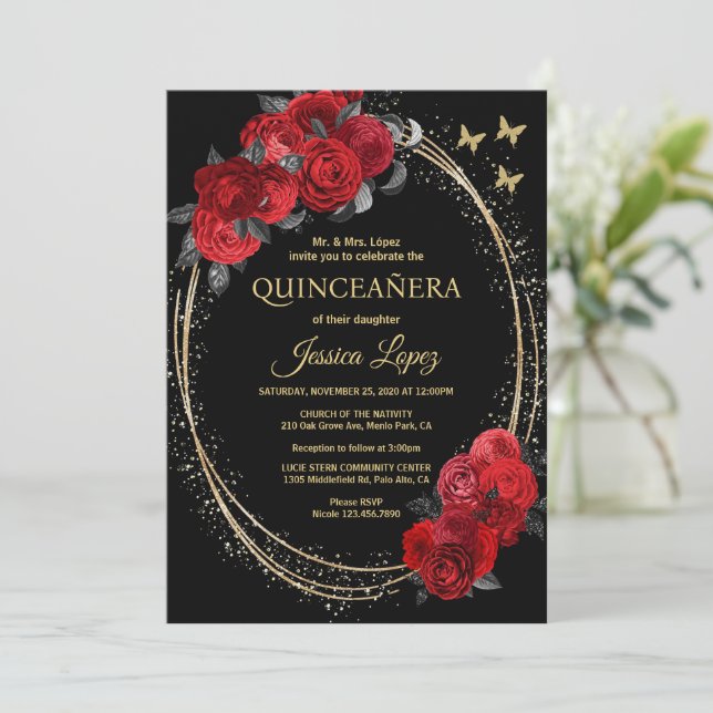 Quinceanera Black Röd ros Flowers Guld Butterfly Inbjudningar (Stående Fram)