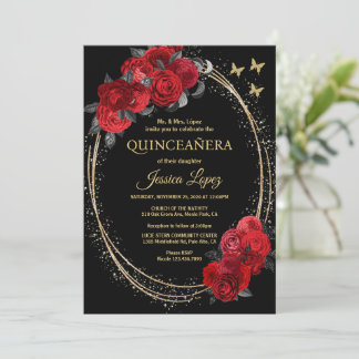 Quinceanera Black Röd ros Flowers Guld Butterfly Inbjudningar