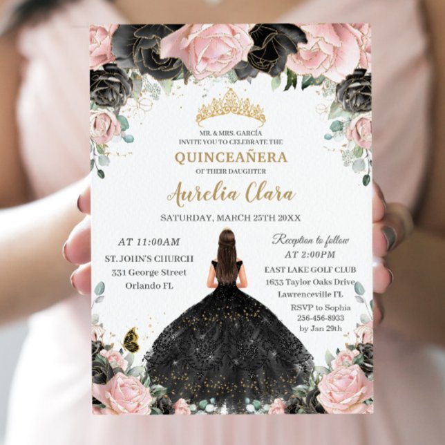 Quinceañera Black Rosa ros Blommigt Princess Dress Inbjudningar (Skapare uppladdad)