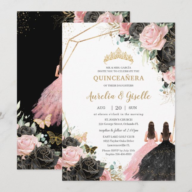 Quinceañera Black Rosa ros Blommigt Princess Twill Inbjudningar (Fram/baksida)