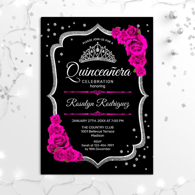 Quinceanera - Black Rosa Silver Inbjudningar (Skapare uppladdad)