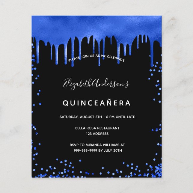Quinceanera Black royal blue budget-inbjudan Flygblad (Framsidan)