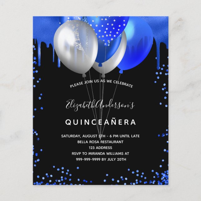 Quinceanera Black royal blue budget-inbjudan Flygblad (Framsidan)