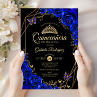 Quinceanera Black Royal Blue Guld Blommigt