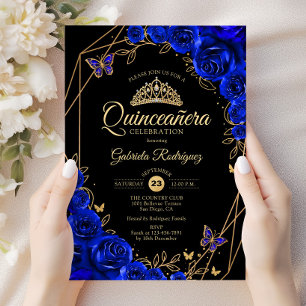 Quinceanera Black Royal Blue Guld Blommigt Inbjudningar