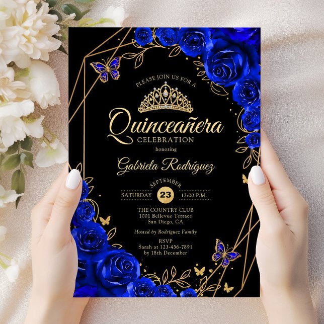 Quinceanera Black Royal Blue Guld Blommigt Inbjudningar (Skapare uppladdad)