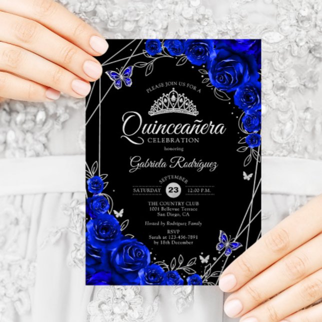 Quinceanera Black Royal Blue Silver Blommigt Inbjudningar (Skapare uppladdad)