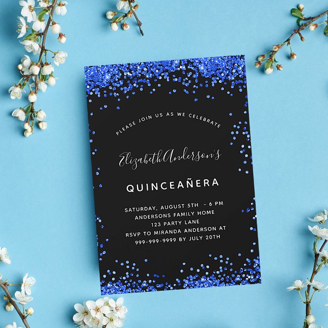 Quinceanera Black royal blue sparkles party Inbjudningar (Skapare uppladdad)