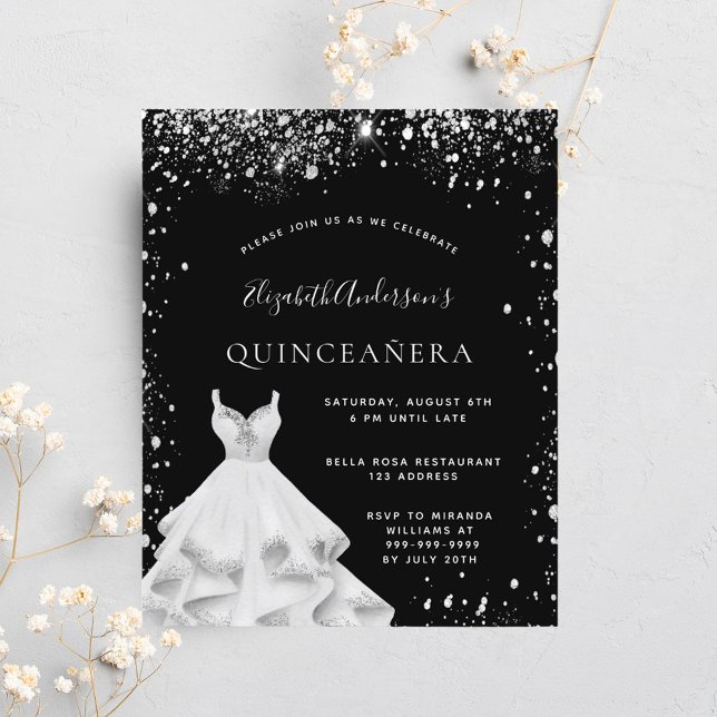 Quinceanera Black silver glitter-klänningsinbjudan (Skapare uppladdad)