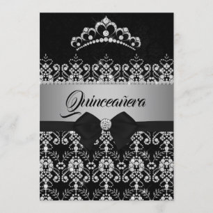 Quinceanera Black Silver Gnistra Diamond Tiara Bow Inbjudningar