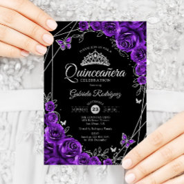 Quinceanera Black Silver Lila Blommigt Inbjudningar