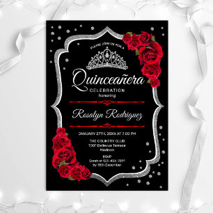 Quinceanera - Black Silver Red Inbjudningar