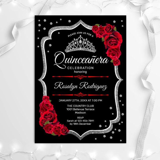 Quinceanera - Black Silver Red Inbjudningar (Skapare uppladdad)