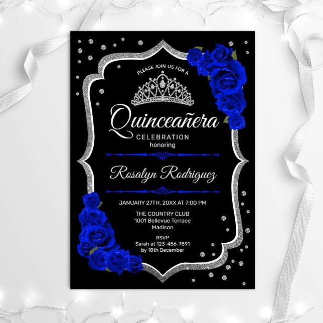 Quinceanera - Black Silver Royal Blue Inbjudningar (Skapare uppladdad)