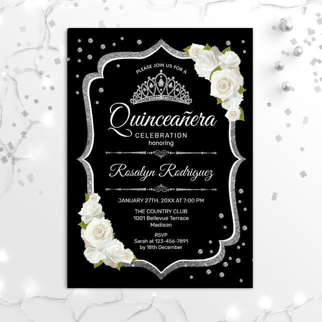 Quinceanera - Black Silver White Inbjudningar (Skapare uppladdad)