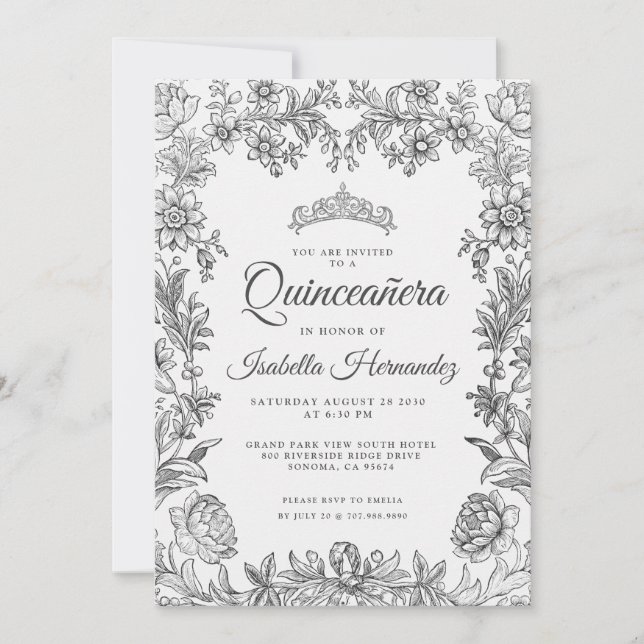 Quinceanera Black White Blommigt-inbjudan Inbjudningar (Framsida)