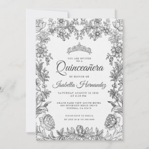 Quinceanera Black White Blommigt-inbjudan Inbjudningar