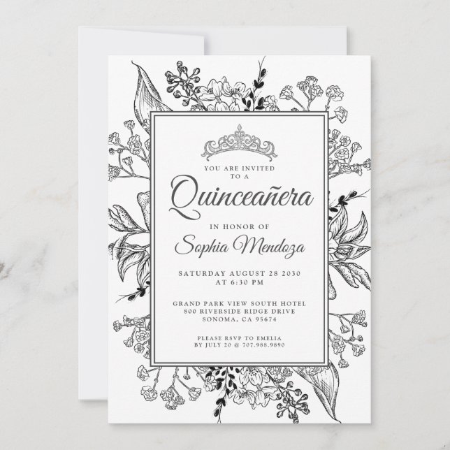 Quinceanera Black White Blommigt Inbjudningar (Framsida)