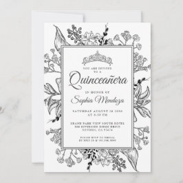 Quinceanera Black White Blommigt Inbjudningar