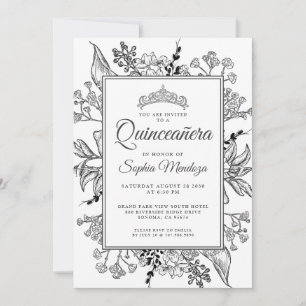 Quinceanera Black White Blommigt Inbjudningar