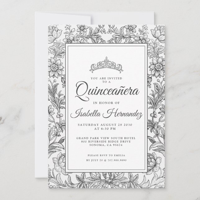 Quinceanera Black White Blommigt Tiara-inbjudan Inbjudningar (Framsida)