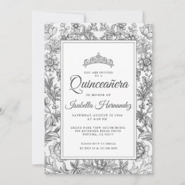 Quinceanera Black White Blommigt Tiara-inbjudan Inbjudningar