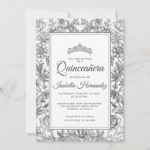 Quinceanera Black White Blommigt Tiara-inbjudan Inbjudningar