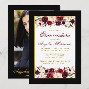 Quinceanera Black White Guld Burgundy Blommigt Pho Inbjudningar