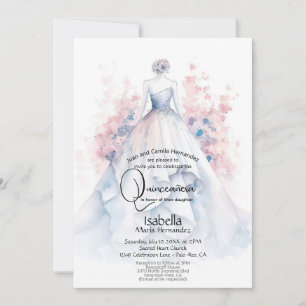 Quinceañera   Blek Blue Gown Rosa Flowers Inbjudningar