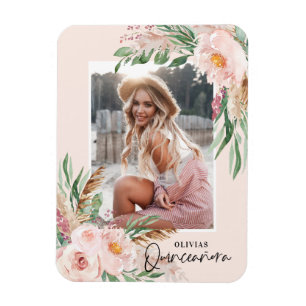 Quinceañera blek rosa girly blommigt fotofödelsed magnet