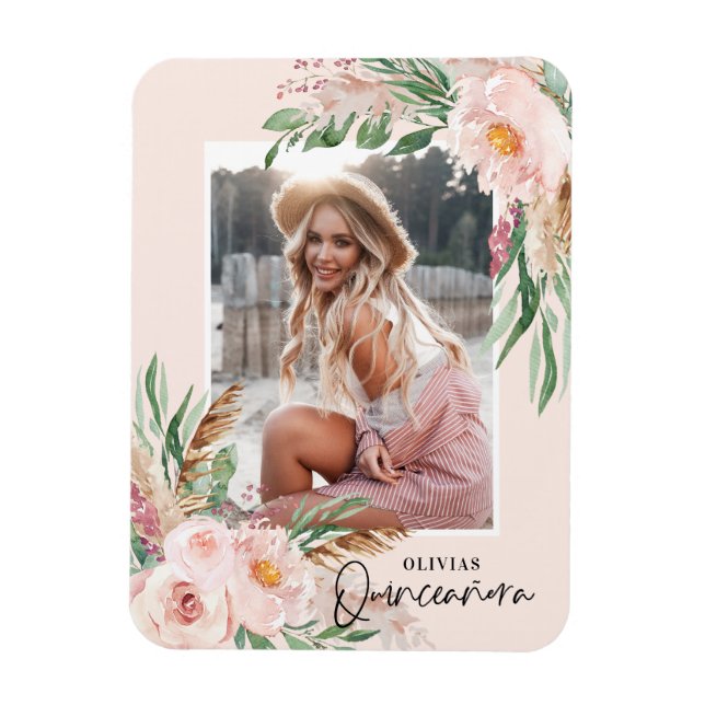 Quinceañera blek rosa  girly blommigt fotofödelsed magnet (Vertikal)